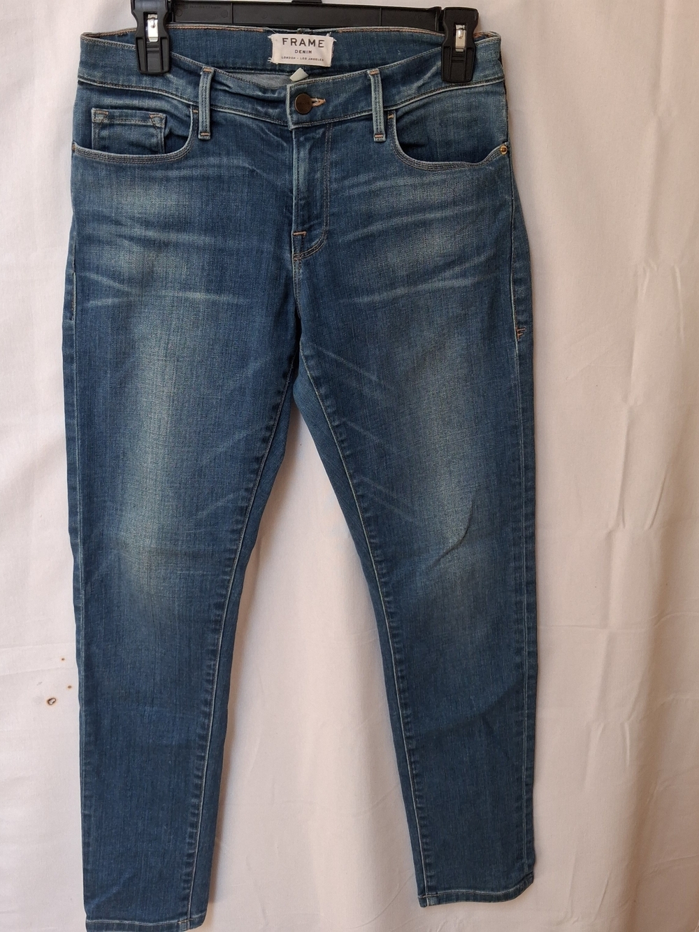 Frame Denim Mens Slim Fit Jeans Medium Wash Blue Whiskered Size 27